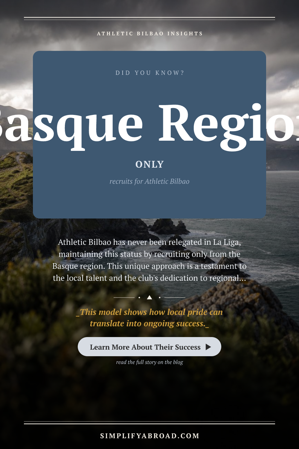 Pinterest Did You Know infographic over a photo of the Basque region landscape, highlighting Athletic Bilbao's local rec