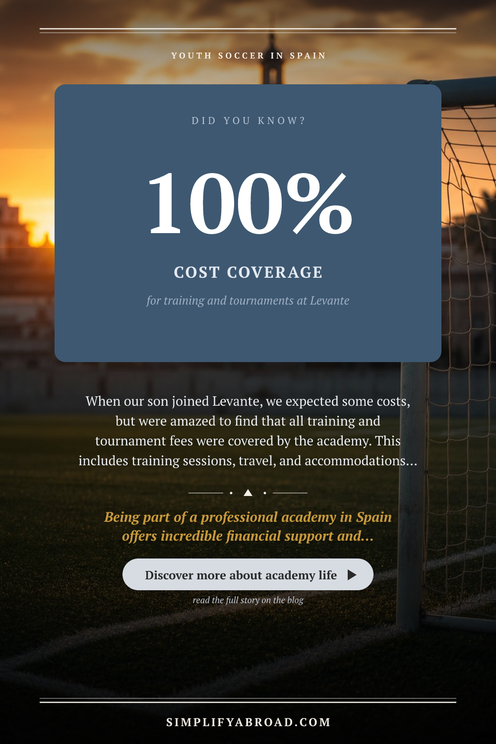 Pinterest infographic over a photorealistic soccer field in Valencia, depicting the full cost coverage at Levante Academ
