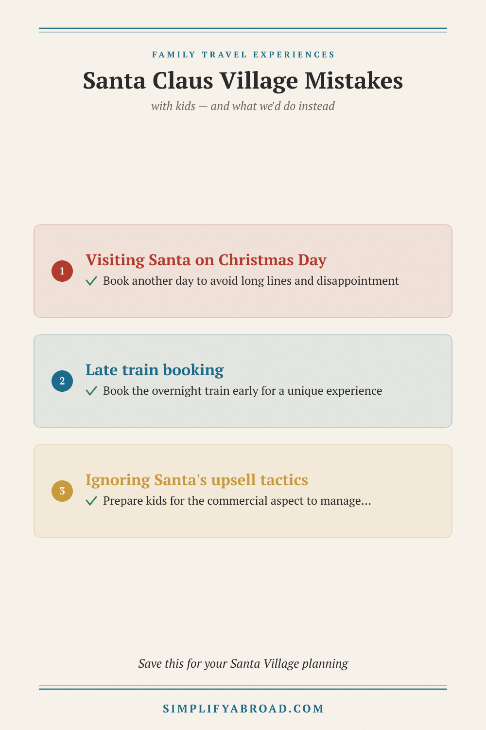 Pinterest mistakes infographic for Santa Claus Village, highlighting key errors and how to avoid them for a better trip