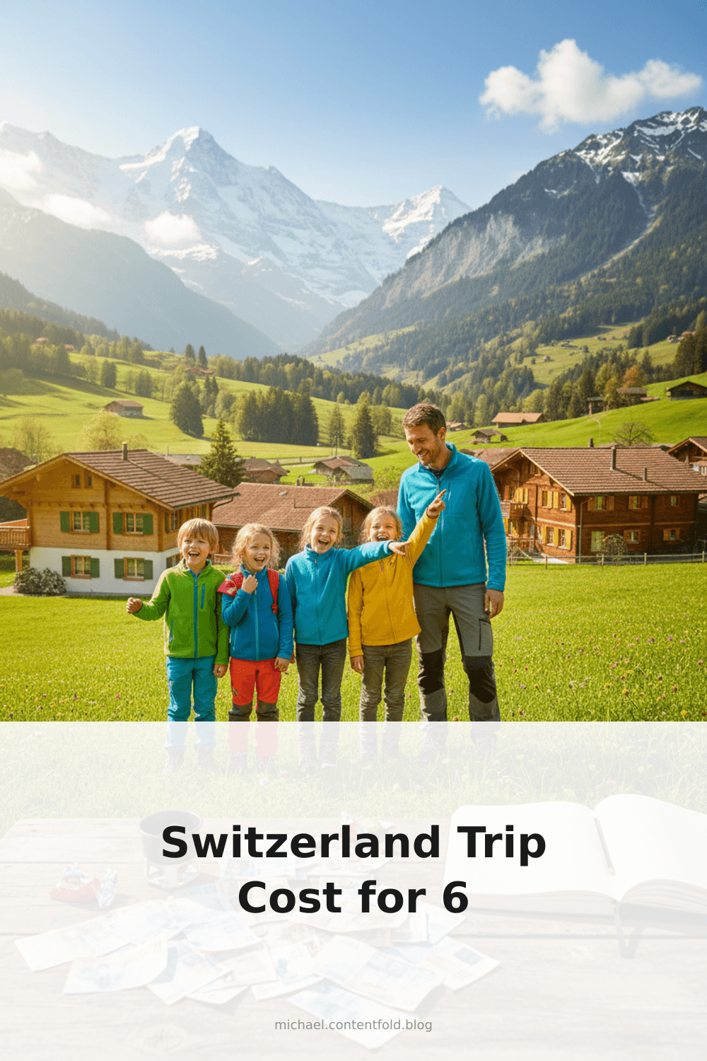 Pinterest infographic: Switzerland trip cost for family of 6 on a 9 day itinerary - tips and insights about Real costs of a 9–10 day Switzerland trip for a family of 6