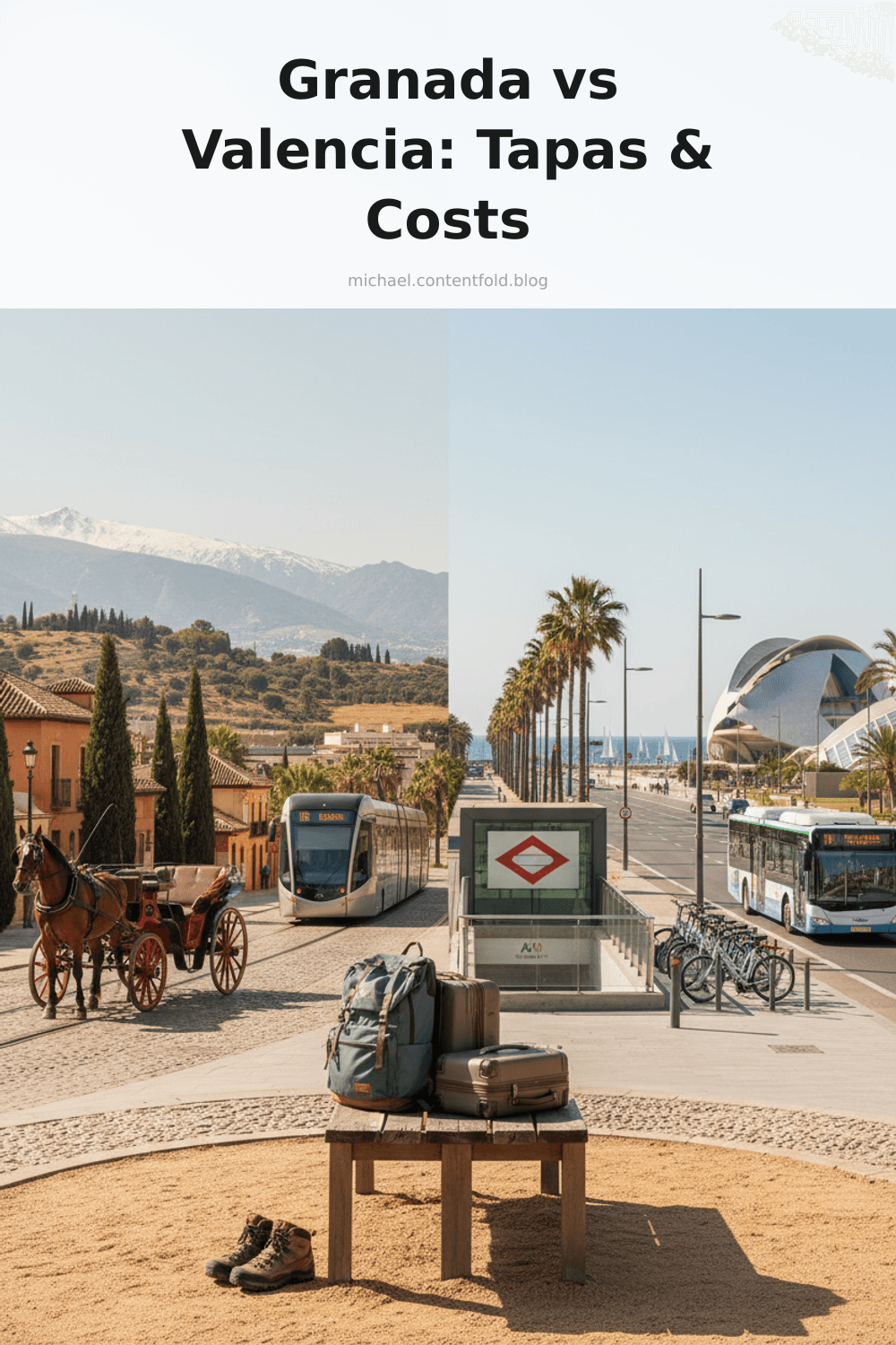 Pinterest infographic: Granada vs Valencia cost of eating out and tapas - tips and insights about Comparing Granada vs Valencia in August and staying in Sierra Nevada