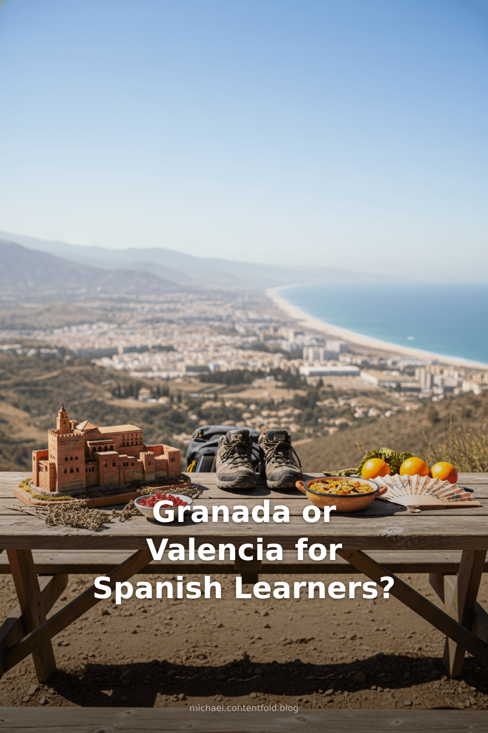 Pinterest infographic: Granada vs Valencia for Spanish learners and dialect - tips and insights about Comparing Granada vs Valencia in August and staying in Sierra Nevada