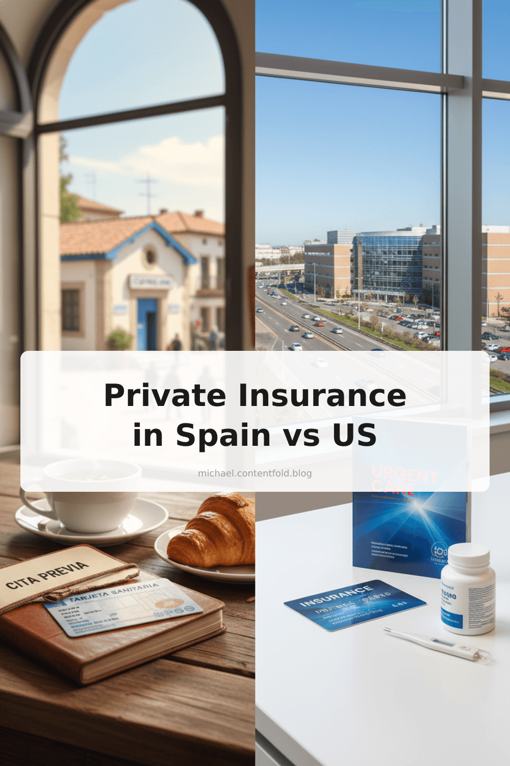 Pinterest infographic: Private health insurance in Spain vs US for expats - tips and insights about Comparing healthcare in Spain vs the US for expat families